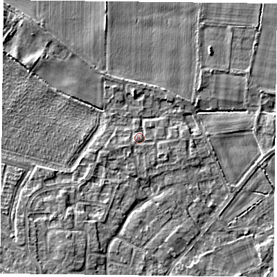 Shaded relief map of the ground around YO89TA, computed from Environment Agency LiDAR. The ground here sits at about 7 m above sea level and falls 5 m across the surrounding 800 m. Surface water reaching this point runs off ground lying to the west-south-west, 1.0 m higher.