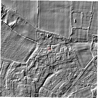 Shaded relief map of the ground around YO89TB, computed from Environment Agency LiDAR. The ground here sits at about 6 m above sea level and falls 4 m across the surrounding 800 m. Surface water reaching this point runs off ground lying to the south, 1.2 m higher.