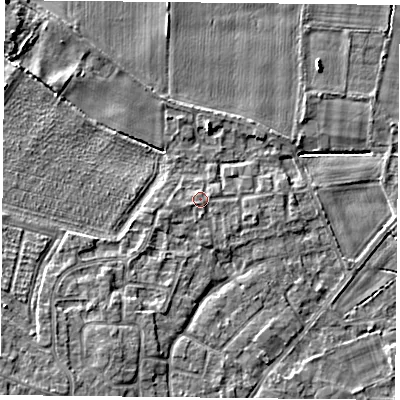 Shaded relief map of the ground around YO89TD, computed from Environment Agency LiDAR. The ground here sits at about 7 m above sea level and falls 5 m across the surrounding 800 m. Surface water reaching this point runs off ground lying to the west-south-west, 0.8 m higher.