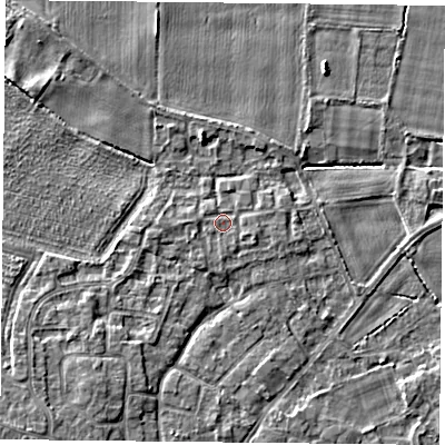 Shaded relief map of the ground around YO89TE, computed from Environment Agency LiDAR. The ground here sits at about 6 m above sea level and falls 5 m across the surrounding 800 m. Surface water reaching this point runs off ground lying to the west, 0.8 m higher.