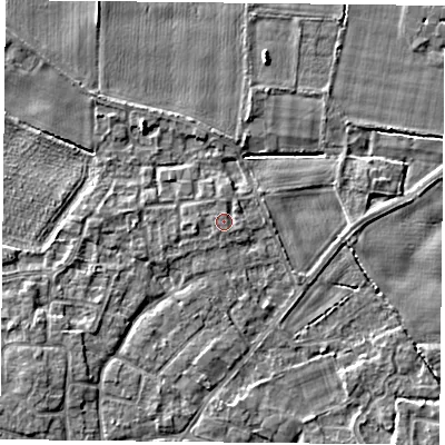 Shaded relief map of the ground around YO89TF, computed from Environment Agency LiDAR. The ground here sits at about 7 m above sea level and falls 4 m across the surrounding 800 m. Surface water reaching this point runs off ground lying to the west-north-west, 0.6 m higher.