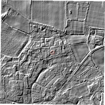 Shaded relief map of the ground around YO89TG, computed from Environment Agency LiDAR. The ground here sits at about 7 m above sea level and falls 4 m across the surrounding 800 m. Surface water reaching this point runs off ground lying to the south-east, 0.7 m higher.