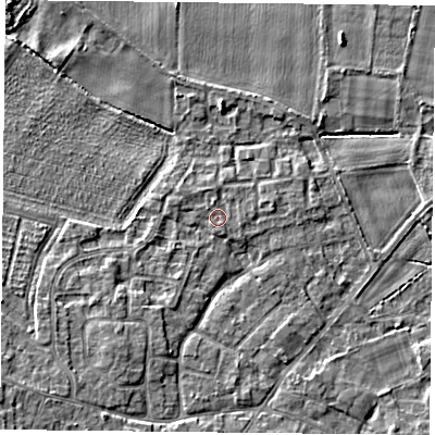 Shaded relief map of the ground around YO89TH, computed from Environment Agency LiDAR. The ground here sits at about 7 m above sea level and falls 5 m across the surrounding 800 m. Surface water reaching this point runs off ground lying to the north-west, 0.7 m higher.