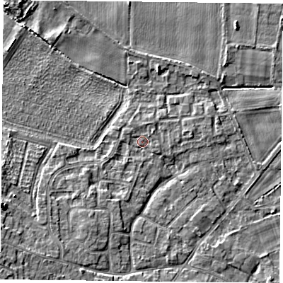 Shaded relief map of the ground around YO89TJ, computed from Environment Agency LiDAR. The ground here sits at about 7 m above sea level and falls 7 m across the surrounding 800 m. Surface water reaching this point runs off ground lying to the south-south-west, 2.5 m higher.