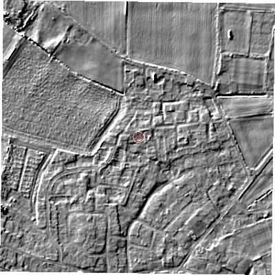 Shaded relief map of the ground around YO89TL, computed from Environment Agency LiDAR. The ground here sits at about 7 m above sea level and falls 7 m across the surrounding 800 m. Surface water reaching this point runs off ground lying to the west-north-west, 0.5 m higher.