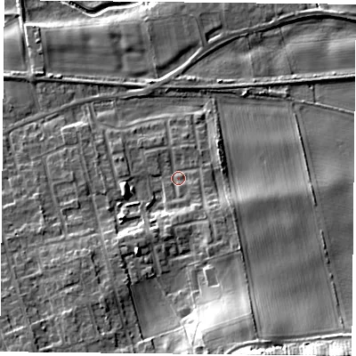 Shaded relief map of the ground around YO89TN, computed from Environment Agency LiDAR. The ground here sits at about 8 m above sea level and falls 22 m across the surrounding 800 m. Surface water reaching this point runs off ground lying to the south-east, 3.4 m higher.