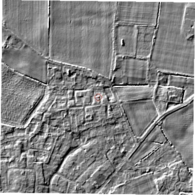 Shaded relief map of the ground around YO89TP, computed from Environment Agency LiDAR. The ground here sits at about 6 m above sea level and falls 4 m across the surrounding 800 m. Surface water reaching this point runs off ground lying to the north-west, 2.5 m higher.
