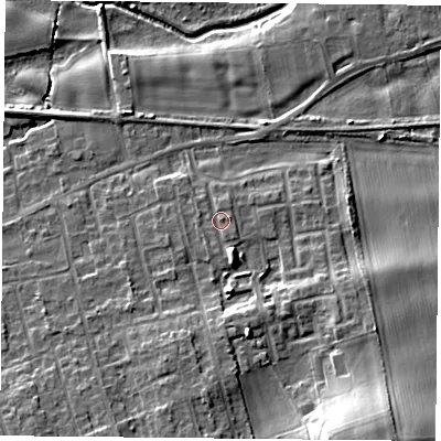 Shaded relief map of the ground around YO89TQ, computed from Environment Agency LiDAR. The ground here sits at about 9 m above sea level and falls 18 m across the surrounding 800 m. Surface water reaching this point runs off ground lying to the south-south-east, 4.1 m higher.