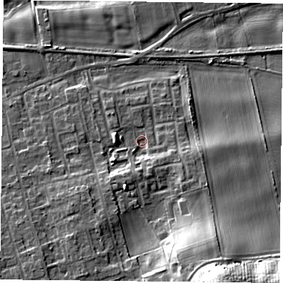 Shaded relief map of the ground around YO89TS, computed from Environment Agency LiDAR. The ground here sits at about 8 m above sea level and falls 25 m across the surrounding 800 m. Surface water reaching this point runs off ground lying to the south-south-east, 19.7 m higher.