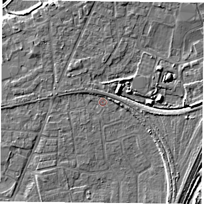 Shaded relief map of the ground around YO89TY, computed from Environment Agency LiDAR. The ground here sits at about 5 m above sea level and falls 9 m across the surrounding 800 m. Surface water reaching this point runs off ground lying to the south-south-west, 2.2 m higher.