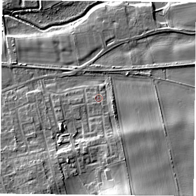 Shaded relief map of the ground around YO89UA, computed from Environment Agency LiDAR. The ground here sits at about 8 m above sea level and falls 16 m across the surrounding 800 m. Surface water reaching this point runs off ground lying to the south-south-west, 1.3 m higher.