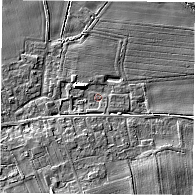 Shaded relief map of the ground around YO89UB, computed from Environment Agency LiDAR. The ground here sits at about 8 m above sea level and falls 9 m across the surrounding 800 m. Surface water reaching this point runs off ground lying to the north-west, 8.4 m higher.