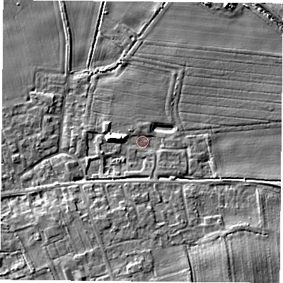 Shaded relief map of the ground around YO89UD, computed from Environment Agency LiDAR. The ground here sits at about 8 m above sea level and falls 9 m across the surrounding 800 m. Surface water reaching this point runs off ground lying to the west, 8.4 m higher.