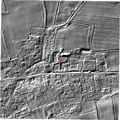 Shaded relief map of the ground around YO89UE, computed from Environment Agency LiDAR. The ground here sits at about 8 m above sea level and falls 9 m across the surrounding 800 m. Surface water reaching this point runs off ground lying to the south-south-west, 1.6 m higher.