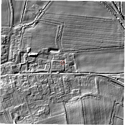 Shaded relief map of the ground around YO89UF, computed from Environment Agency LiDAR. The ground here sits at about 8 m above sea level and falls 9 m across the surrounding 800 m. Surface water reaching this point runs off ground lying to the south-west, 1.4 m higher.