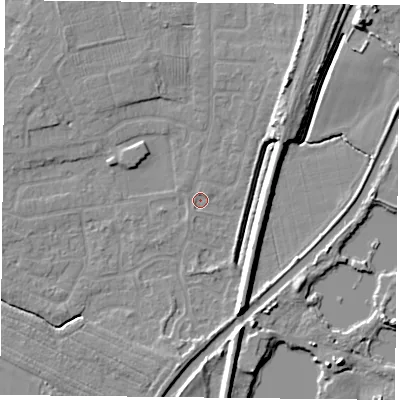 Shaded relief map of the ground around YO89XB, computed from Environment Agency LiDAR. The ground here sits at about 4 m above sea level and falls 7 m across the surrounding 800 m. Surface water reaching this point runs off ground lying to the south-south-east, 7.3 m higher.
