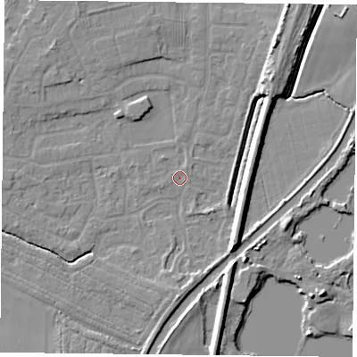 Shaded relief map of the ground around YO89XD, computed from Environment Agency LiDAR. The ground here sits at about 4 m above sea level and falls 7 m across the surrounding 800 m. Surface water reaching this point runs off ground lying to the south-east, 7.3 m higher.