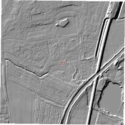 Shaded relief map of the ground around YO89XE, computed from Environment Agency LiDAR. The ground here sits at about 4 m above sea level and falls 7 m across the surrounding 800 m. Surface water reaching this point runs off ground lying to the east, 7.3 m higher.