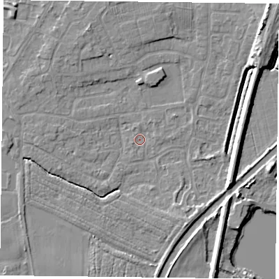 Shaded relief map of the ground around YO89XF, computed from Environment Agency LiDAR. The ground here sits at about 4 m above sea level and falls 7 m across the surrounding 800 m. Surface water reaching this point runs off ground lying to the south-west, 1.3 m higher.