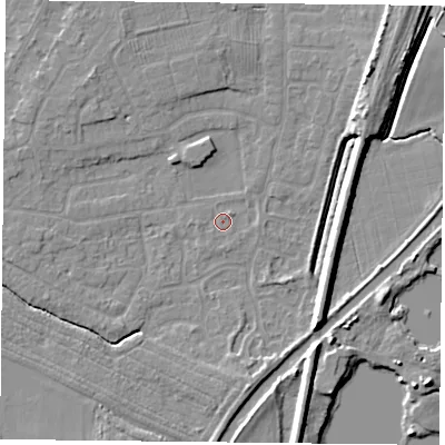 Shaded relief map of the ground around YO89XG, computed from Environment Agency LiDAR. The ground here sits at about 5 m above sea level and falls 7 m across the surrounding 800 m. Surface water reaching this point runs off ground lying to the north-east, 1.0 m higher.