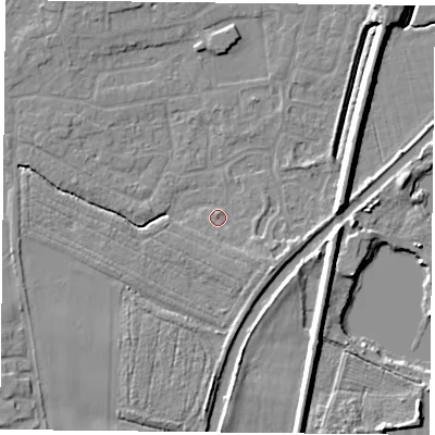 Shaded relief map of the ground around YO89XH, computed from Environment Agency LiDAR. The ground here sits at about 5 m above sea level and falls 7 m across the surrounding 800 m. Surface water reaching this point runs off ground lying to the south-east, 2.9 m higher.