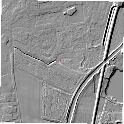Shaded relief map of the ground around YO89XJ, computed from Environment Agency LiDAR. The ground here sits at about 5 m above sea level and falls 7 m across the surrounding 800 m. Surface water reaching this point runs off ground lying to the south, 4.5 m higher.