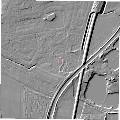 Shaded relief map of the ground around YO89XL, computed from Environment Agency LiDAR. The ground here sits at about 5 m above sea level and falls 7 m across the surrounding 800 m. Surface water reaching this point runs off ground lying to the east-south-east, 0.6 m higher.
