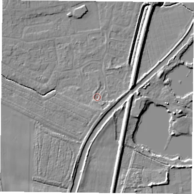 Shaded relief map of the ground around YO89XN, computed from Environment Agency LiDAR. The ground here sits at about 5 m above sea level and falls 7 m across the surrounding 800 m. Surface water reaching this point runs off ground lying to the south-south-west, 1.3 m higher.
