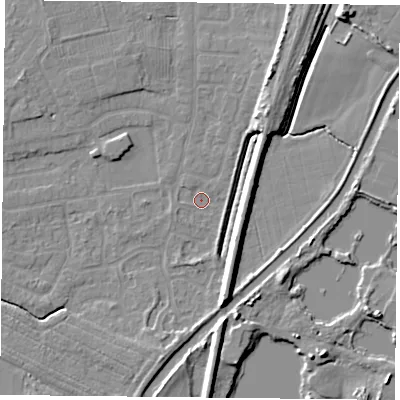 Shaded relief map of the ground around YO89XP, computed from Environment Agency LiDAR. The ground here sits at about 4 m above sea level and falls 7 m across the surrounding 800 m. Surface water reaching this point runs off ground lying to the south-south-east, 7.3 m higher.