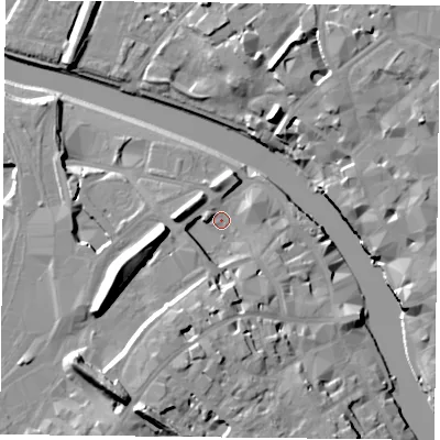 Shaded relief map of the ground around YO901UT, computed from Environment Agency LiDAR. The ground here sits at about 10 m above sea level and falls 20 m across the surrounding 800 m. Surface water reaching this point runs off ground lying to the south, 11.6 m higher.