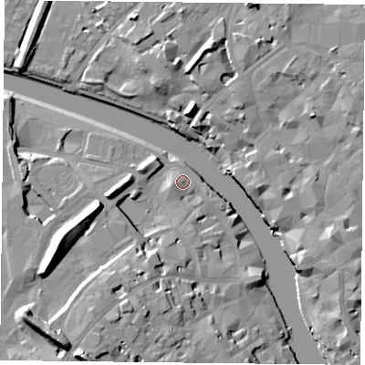 Shaded relief map of the ground around YO901WR, computed from Environment Agency LiDAR. The ground here sits at about 10 m above sea level and falls 20 m across the surrounding 800 m. Surface water reaching this point runs off ground lying to the west-south-west, 3.1 m higher.